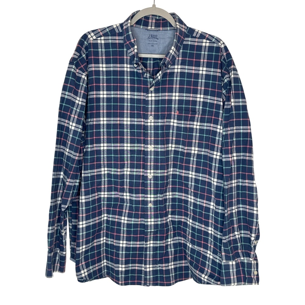 IZOD Saltwater Relaxed Classics Mens XXL Navy Pink Green Plaid Button Down Shirt